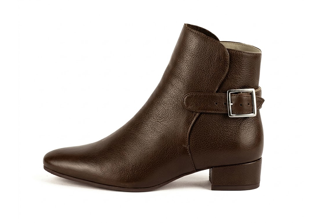 Sophisticated leather ankle boots detailed with an elegant back buckle and heel-strap finish for a distinct couture look, in dark brown leather with round toe and low block heel - Florence KOOIJMAN